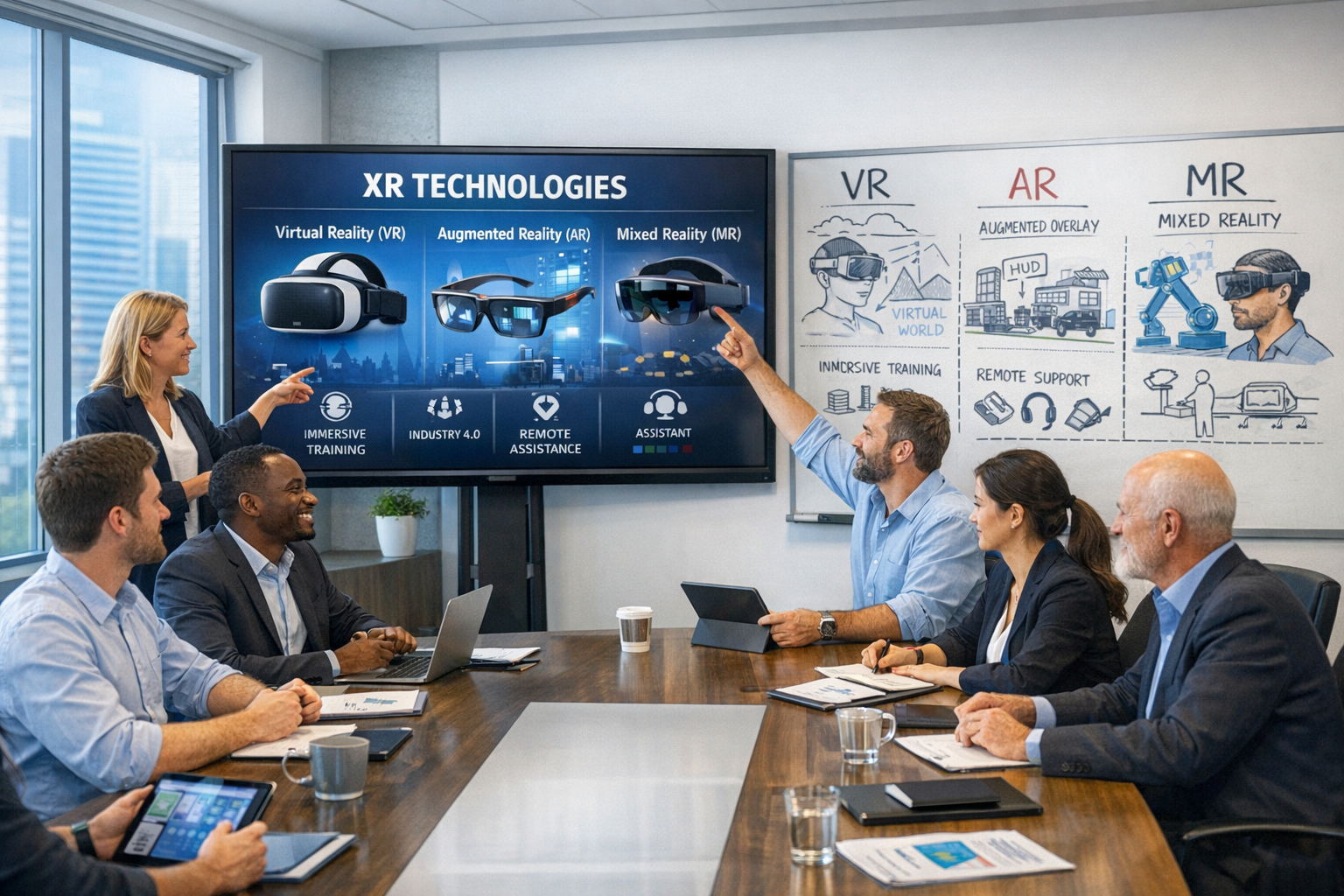 The image depicts a modern office conference room filled with a diverse group of professionals engaged in a discussion Large windows let in natural li-1